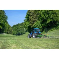 Text: Hat den Rasen neben dem Wald gemäht
